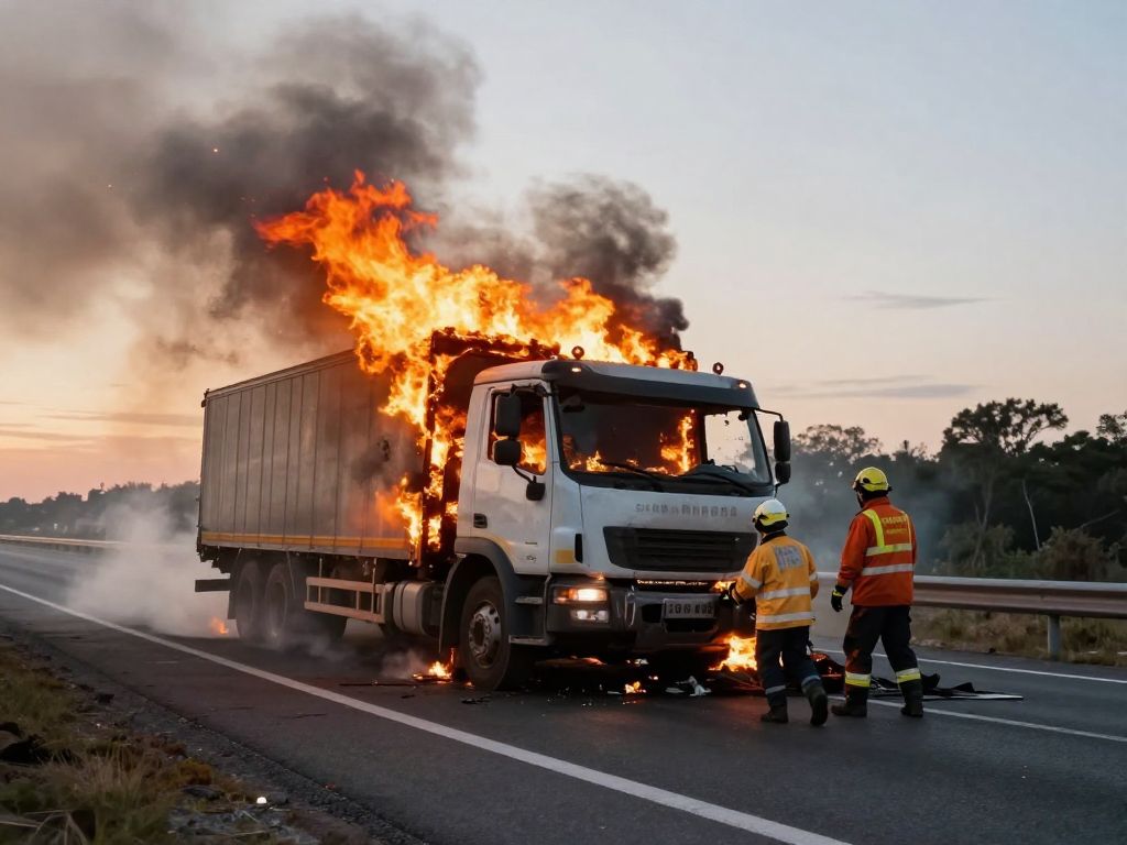 Scene of a fiery truck accident on Highway 150 with emergency responders present