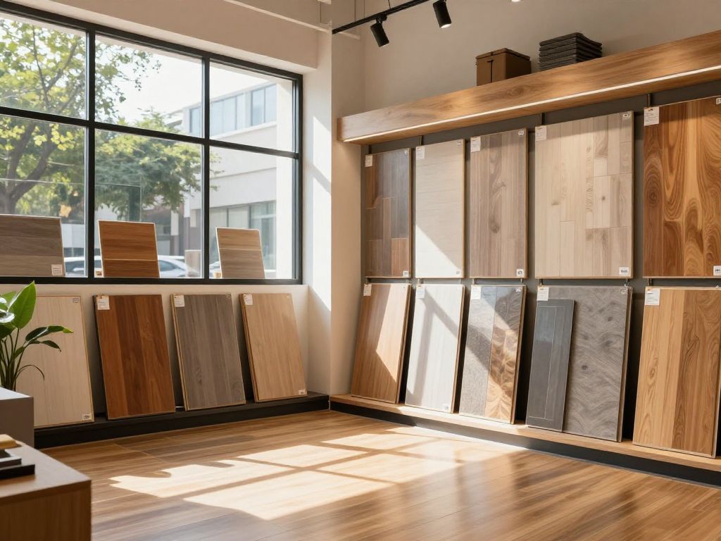 Interior of a flooring store with various floor samples.