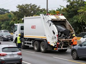 Flipped garbage truck on an interstate with emergency responders