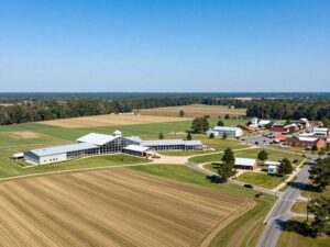 Hallmark Farm, Warrior, Alabama, with agricultural fields and a future education center.