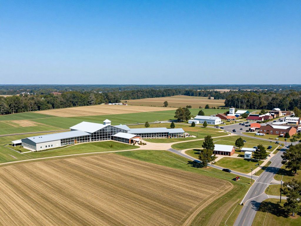Hallmark Farm, Warrior, Alabama, with agricultural fields and a future education center.