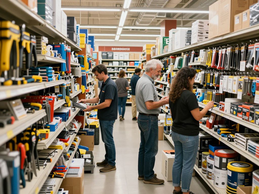 Interior view of Helpful Hardware store with customers and products