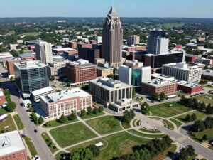 Aerial view of Huntsville showing new schools and hospital expansions