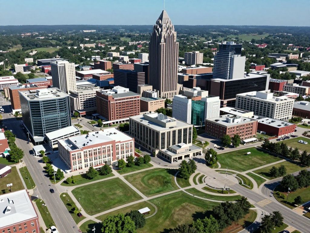 Aerial view of Huntsville showing new schools and hospital expansions