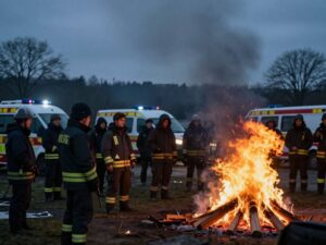 A bonfire gathering scene representing a tragic incident in Pinson, Alabama.