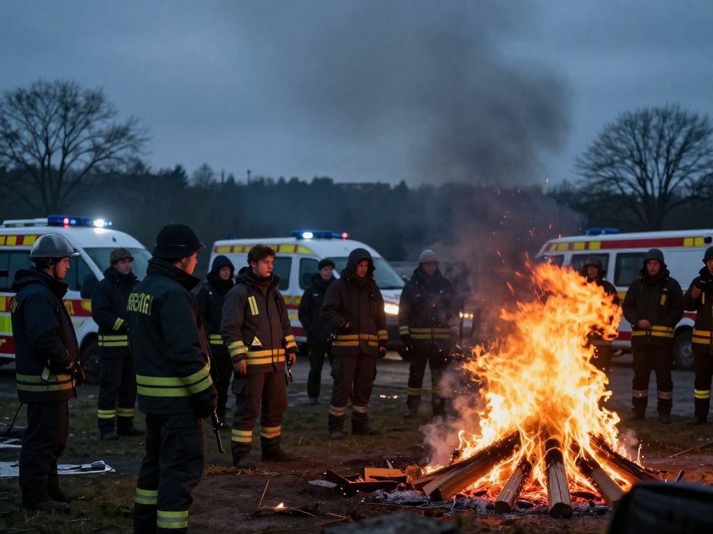 A bonfire gathering scene representing a tragic incident in Pinson, Alabama.