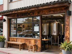 Exterior view of Red Clay Brewing Company with a sunny sky.