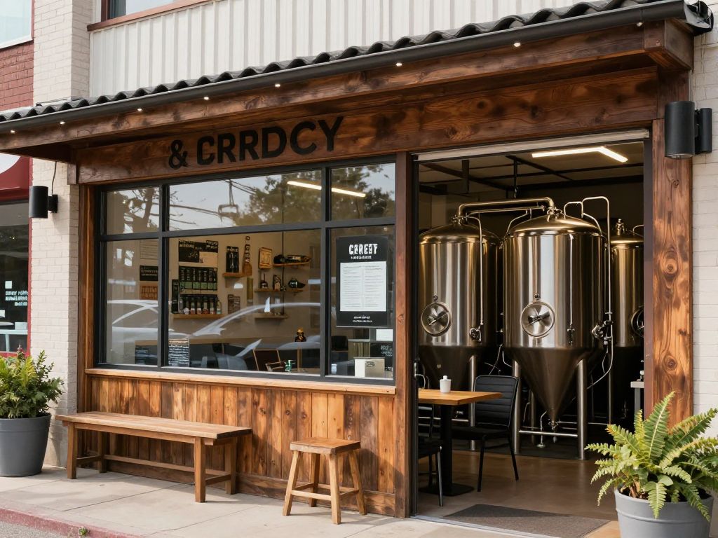 Exterior view of Red Clay Brewing Company with a sunny sky.