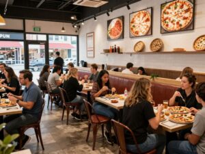 SanPeggio's Pizza new location in Hoover with customers enjoying pizza.