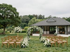 Exterior view of Serendipity Hill event venue with decorations for a wedding