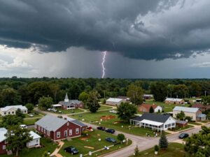 Stormy sky over Alabama with a serene small-town backdrop representing community grief after a shooting.