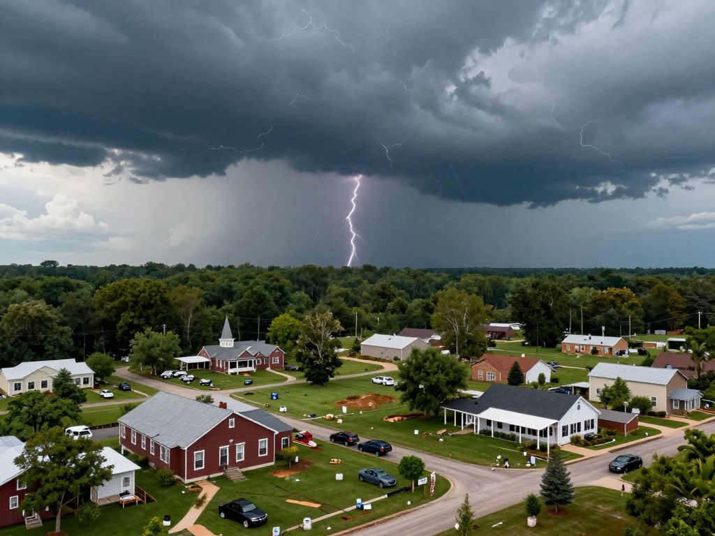 Stormy sky over Alabama with a serene small-town backdrop representing community grief after a shooting.