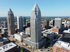 Aerial view of The Plaza skyscraper in downtown Birmingham, Alabama.