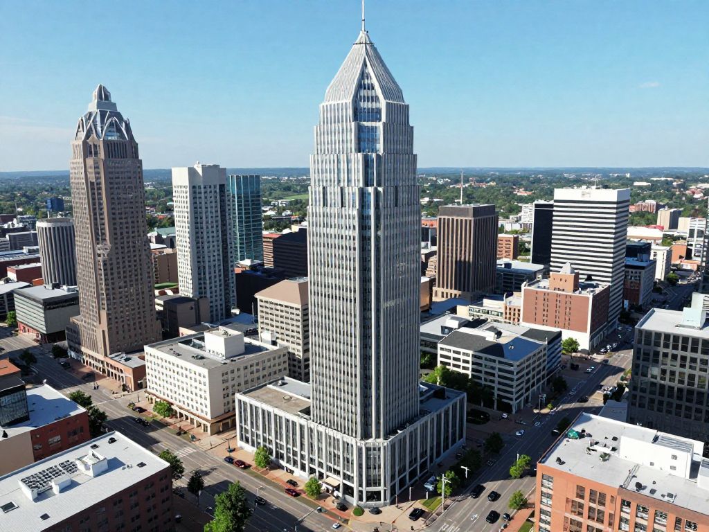 Aerial view of The Plaza skyscraper in downtown Birmingham, Alabama.