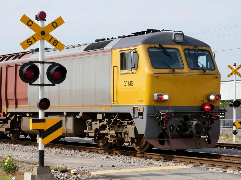 Train passing a railroad crossing with warning signals