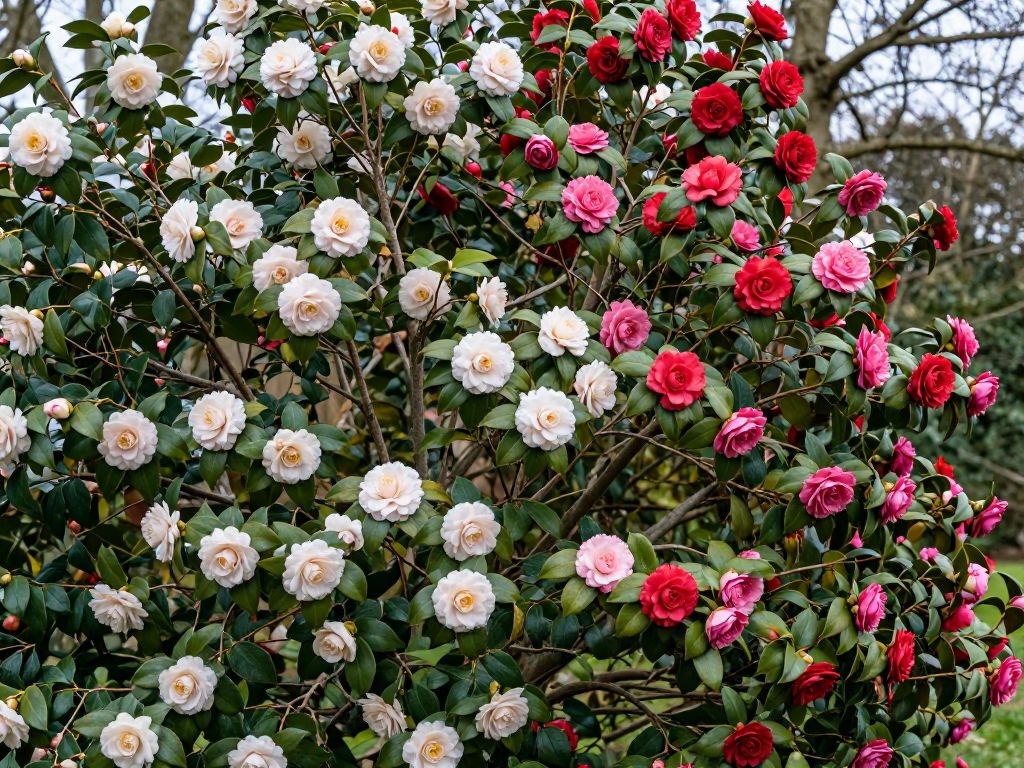 Colorful camellia blooms in Birmingham Botanical Gardens during winter.