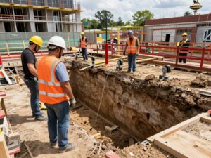 Workers on a Birmingham construction site following trench safety protocols.