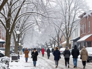 Snowy street in Birmingham, Alabama during extreme cold weather