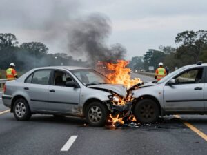 A fiery vehicle crash on Interstate 22 depicting emergency responders at the scene.