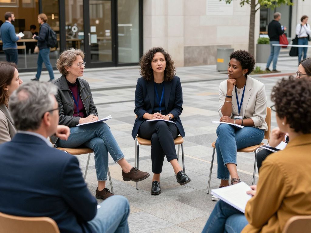 Community members engaging in a dialogue about public arts funding in an urban environment